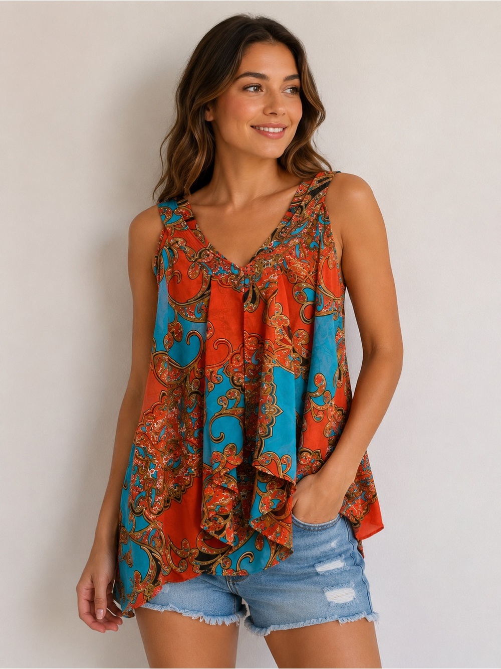 Apt. 9 Women’s Sleeveless Paisley Blouse Orange Blue Size Large
